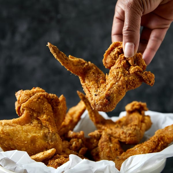 A hand picks up a crispy, golden-brown fried chicken wing from a basket lined with white paper.