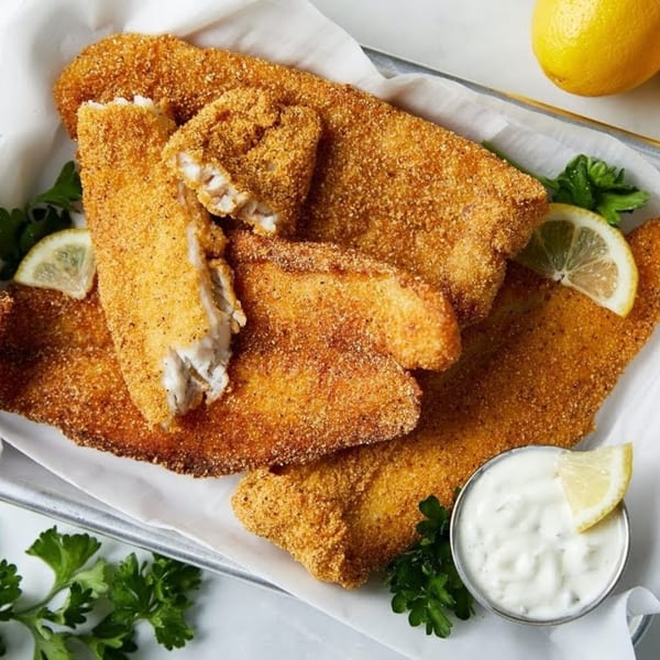 Golden-brown fried catfish fillets with lemon wedges, parsley, and tartar sauce on a tray.